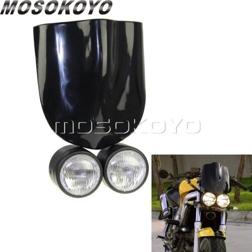 Motorcycle Dominator Headlight Twin Head Lamp with Fly Screen Windshield for Harley Cafe Racer Scrambler Chopper