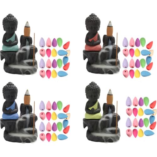 The Little Monk Censer Buddha Incense Holder Backflow Incense Burner +20PCS Waterfall Aroma Fragrance Cones Home Decor Gift