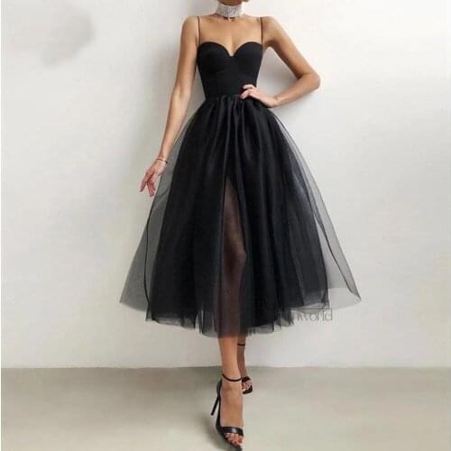 Simple Black Short Homecoming Dresses 2021 Sweetheart Spaghetti Straps Tea Length Tulle Sexy Prom Dress Party Cocktail Gowns