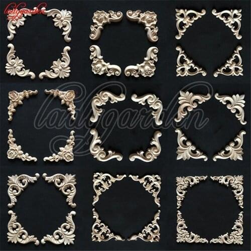 Woodcarving Corner Decal Unpainted Wood Carved Decal Corner Onlay Applique Frame for Home Furniture Cabinet Door Decor Crafts