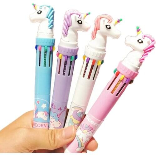 2pc Cute Ten-Color Ballpoint Pen Creative Kawaii Unicorn Cartoon Multi-Function Ten-Color Press Colorful Painting Pen Stationery