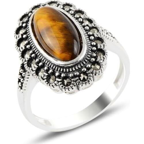 Silver 925 Sterling Tiger Eye & Marcasite Ring