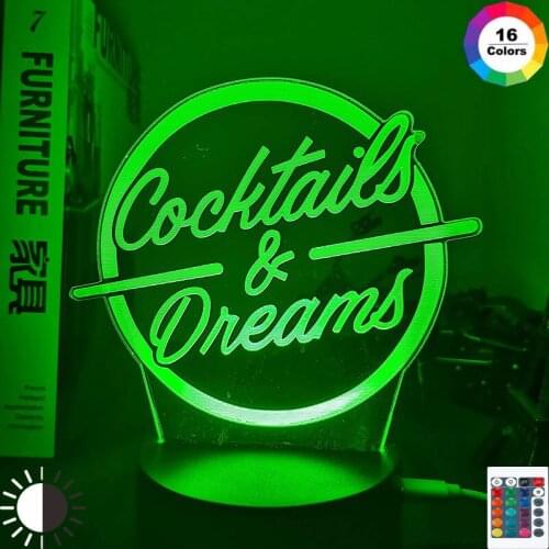 Cocktails & Dreams Led Night Light Sign for Bar Decoration Acrylic Laser Engraving Usb Battery Powered Table Lamp Color Changing