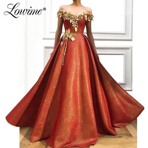 Reflective Evening Dress Formal Party Gowns 2019 Off Shoulder With Gold Applique Flowers Prom Dresses Dubai Kaftan Abendkleider