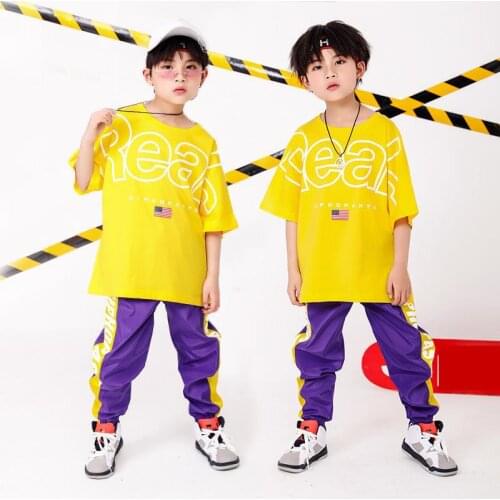 Yellow Girls Boys Hip Hop Dance Clothes for Kids Jazz Ballroom Dancing Costumes T Shirt Tops Jogger Pants Fashion Show Clothing