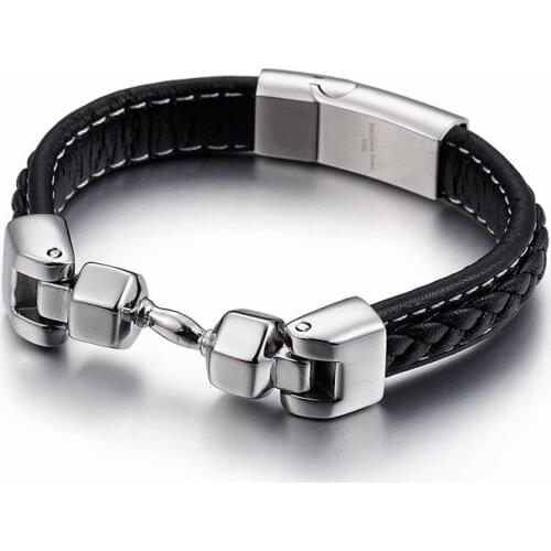 HAOLYNJOY Vintage Black Leather Bracelets For Men Stainless Steel Dumbbell Charm Wrap Bracelet Cheap Homme Retro Jewelry