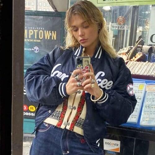 B-TOTO American Retro Dark Blue Street Baseball Uniform Jacket Female Ins Tide Spring And Autumn Jacket 2021 New Fashion