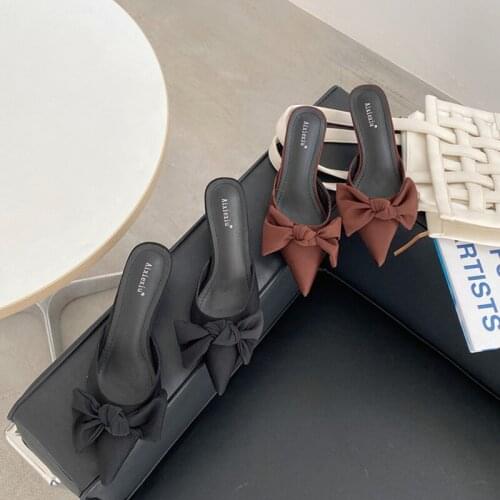 Women Slippers Mules Shoes 2021 Women Thin Heels Shoes Ladies Sliders Fashion High Heel Woman Slippers Flip Flops Butterfly Knot