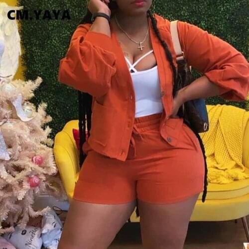 CM.YAYA Women Two 2 Piece Set Button Up Tops and Shorts Matching Set Outfits Elegant Classic Solid Autumn Tracksuit Sweatsuit