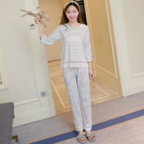 Womens Two Piece Pajamas Suit Fashion Striped Print Lace Stitching Home Wear Round Neck Long Sleeve Top + Trousers