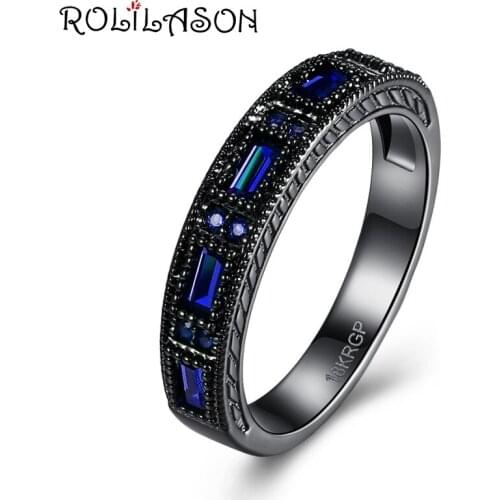 ROLILASON New Hot Popular blue Zircon Rings for Women party gifts Black Gold Tone Fashion Jewelry Ring USA Size #6#7#8 JR2163
