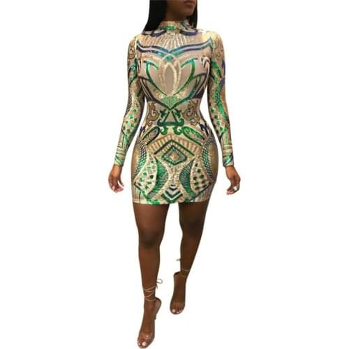 2019 New Fashion Party Dress Women O-Neck Long Sleeve Women Sequin Mini Dress Elegant Lady Bodycon Dress Summer Vestidos Hot