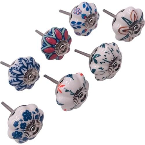 1x Floral Leaf Ceramic Knobs- Multi Color Mix Designed Ceramic Cupboard Cabinet Door Knobs Drawer Pulls & Chrome Hardware