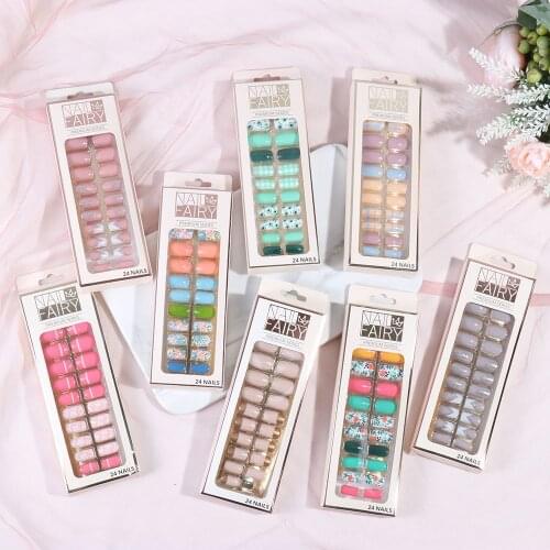 24PCS/SET Short Fake Nails Full Cover False Nails Tips Set ABS Artificial Nail Press On Nails