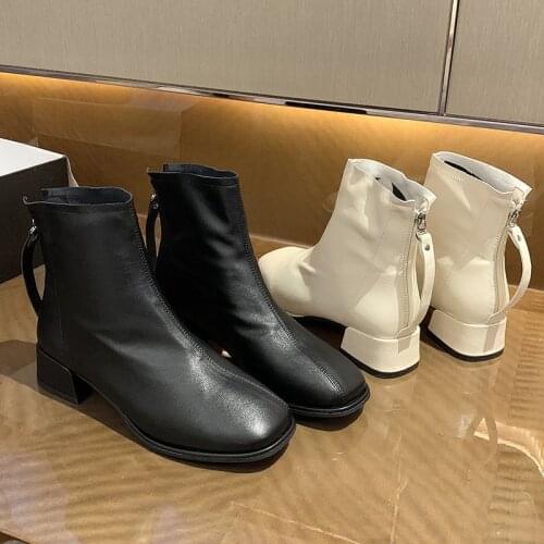 Beige Winter Boots Lady Shoes Zipper Luxury Designer Mid-Calf Booties Women Low Heels booties Round Toe 2021 Fashion Short