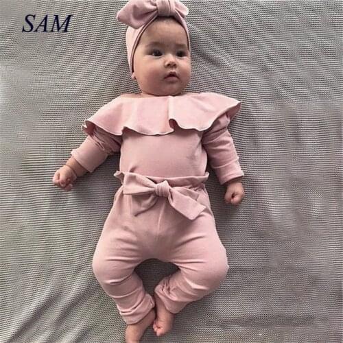 Toddler Kids Baby Ruffle Bodysuit Romper Top Girls Solid Bowknot Pants Clothes Autumn Cotton Long Sleeve Outfit Clothing Sets