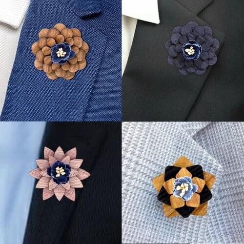 Linbaiway Wood Brooch for Mens Suits Flowers Brooches Handmade Women Lapel Flower Stick Pin Badge Hat Boutonniere Corsage