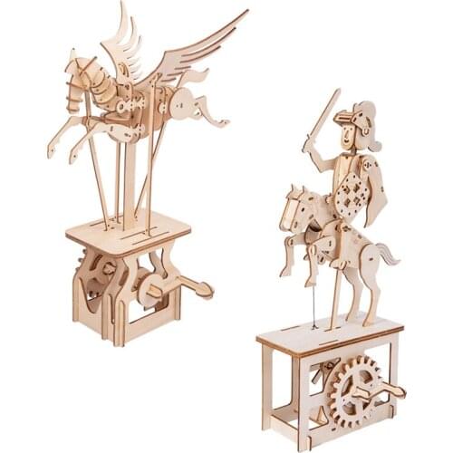 Montessori Wooden Toys 3D Puzzle Knight Pegasus Movable Ornaments Rotatable Gear Puzzles For Adults Children Kids Boy Girl Toys