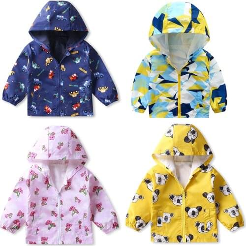 Jacket For Girls Boys Autumn Children Flower Print Clothes Girls Coat Windbreaker Outerwear Kids Hooded Windproof 3 5 6 7 Yrs