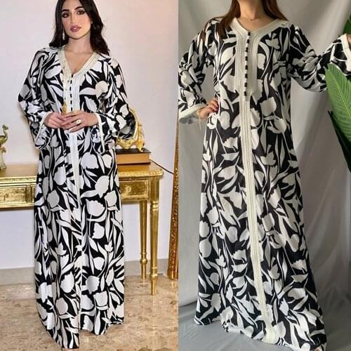 Dubai Kaftan Printed Long Dress Abaya Muslim Women Casual Maxi Robe Gown Middle East V-neck Autumn Ethnic Ramadan Vintage Islam