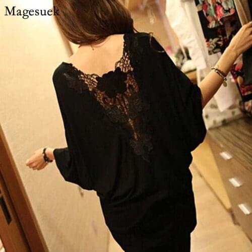 Plus Size Summer Sexy Hollow Out Womens Tshirt Female Backless Lace T-shirts for Women Blouse Tops Black Loose Tee Shirt 15122