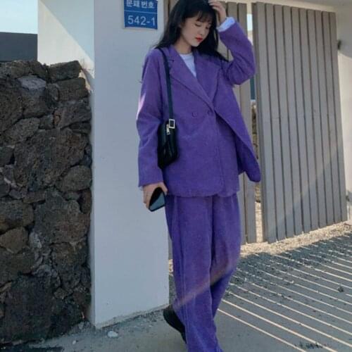 Purple Solid Design Corduroy Blazers Notched Double Breasted and Chic Solid Trouser Korean Style Spring Fall All-match Womens