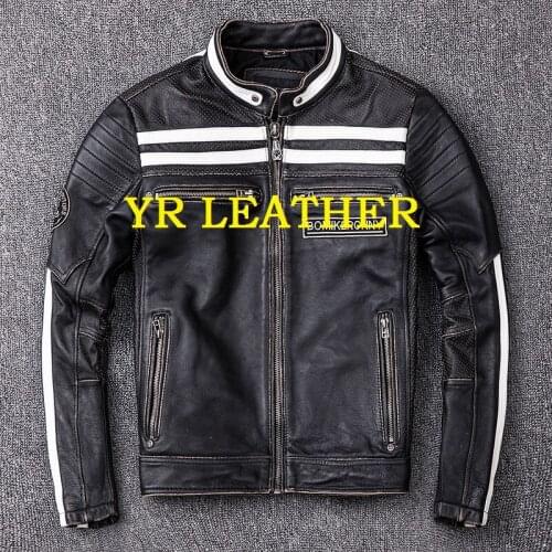 YR!Free shipping.2019 fashion motor biker genuine leather jacket.skull embroidery cowhide coat.plus size slim leather jackets