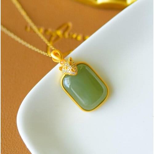 Natural Hetian Jade Gray Jade Leopard Buckle Pendant S925 Sterling Silver Ancient Silver Inlaid Fashion Simple Gift