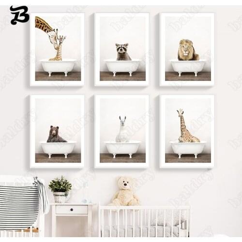 Cute Little Animal Canvas Painting Sitting In The Bathtub Nursery Wall Art Prints Pictures for Kids Bathroom Home Decoration