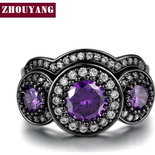 Purple Round-Cut Cubic Zirconia BlackGold Color Fashion Jewelry Ring Set For Woman Girl Full Size DD049