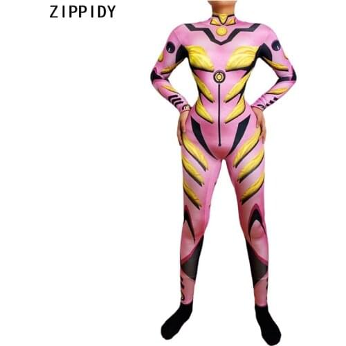 Pink Yellow Anime Robot Pattern Spandex Jumpsuit Women Dance Bodysuit Role-playing Outfit Nightclub Cosplay Show Wear