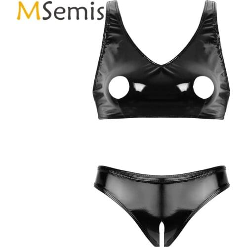 Womens Crotchless Lingerie Set Wet Look Patent Leather Open Nipples Hole Design Bra Top with Low Rise Open Crotch Mini Briefs