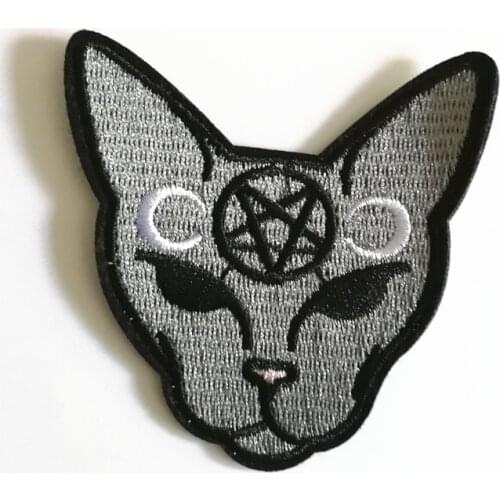 Cat Iron On Patch Embroidery Sewing DIY Customise Cotton Halloween Inverted Pentagram Crescent Moon