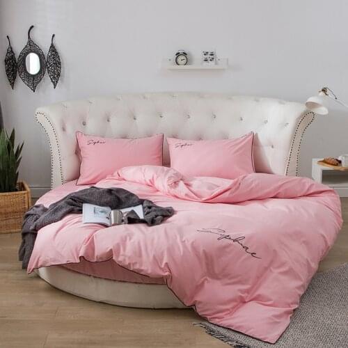 Round Bed 4 PCS/set 100% Cotton Embroidery Edge Pillowcase & Duvet Cover Fitted Sheet and Bed Skirt Sets 200cm 220cm