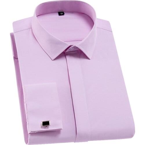 Mens Classic French Cuffs Solid Dress Shirts Placket Formal Men Long Sleeve Shirts Slim Fit Quality French Cuffs Shirt