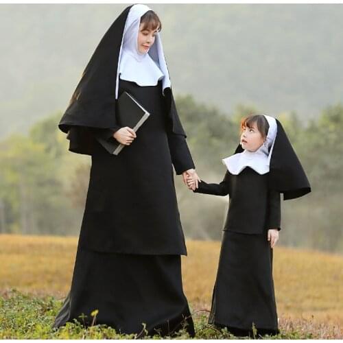 Nun Cosplay Hijab Dresses New Dark Black Long Sleeve Loose Thin Loose Maxi Robes Parent-Child Outfit Halloween Cosplay Costumes