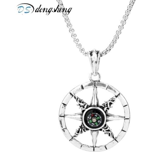 Dongsheng Vintage Compass Glass Dome Charm Pendant Necklace for Men Women Outdoor Travel Jewellery Steampunk Necklace