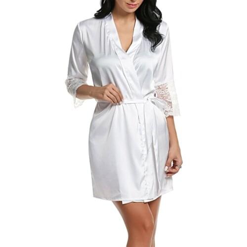 Sexy Ladies' Lace Satin Robe Gown Solid Soft Nightgown Nightwear Kimono Bathrobe Sleepwear Wedding Bride Bridesmaid Robe