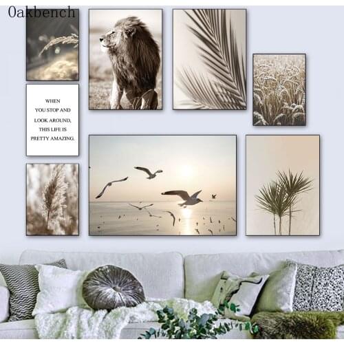 Natural Scenery Painting Seagull Canvas Poster Plant Leaves Wall Print Lion Posters Nordic Wall Pictures For Living Room Decor