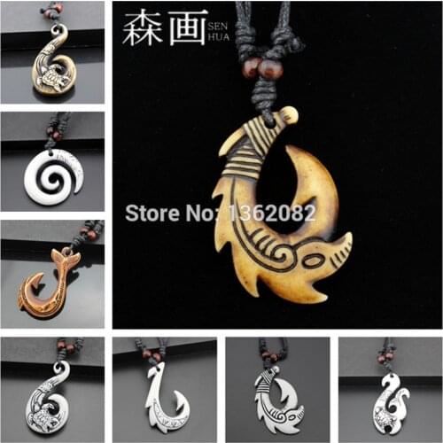 Dropshipping Hawaiian Men Womens Imitation Bone Carving NZ Maori Fish Hook Charms Necklace Moana Fishhook Pendant Gifts MN258