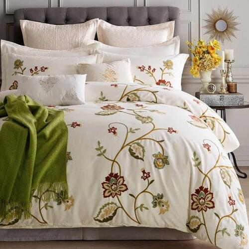 Flower luxury Embroidery Dark blue Royal Bedding set King Queen Egyptian Cotton Bed set Duvet cover bed sheet Pillowcases 4/6pcs