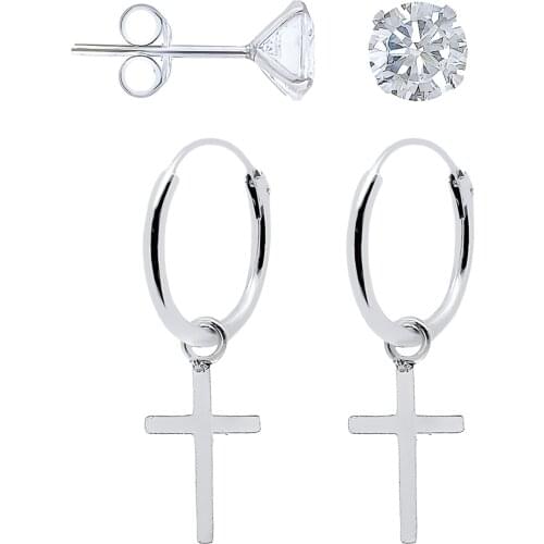 Earrings 925 sterling silver cross pendant two shiny zircon 5 Mm