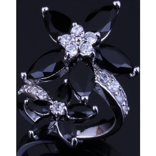Silky Star Black Cubic Zirconia White CZ Silver Plated Ring V0516