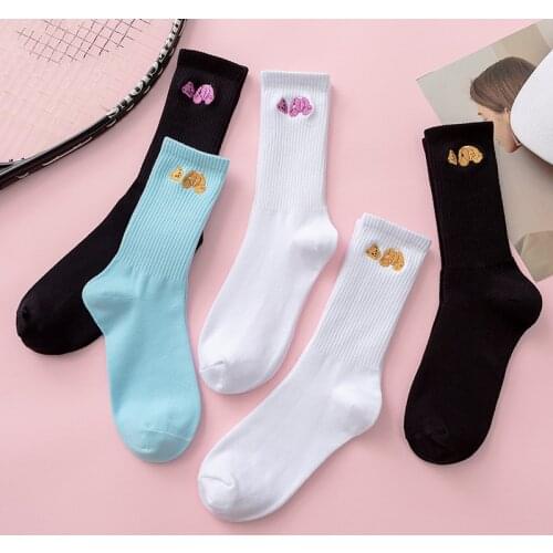 Cute Lady Embroidery Bear Cotton Socks White Cute Cartoon Animal retro Short Socks Novelty Crazy Fun Comfortable Fashionable