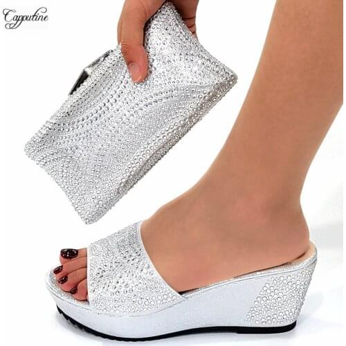 Fashion Women Shoes And Purse Bag Set To Match Silver African Wedge Heels Ladies Platform Pumps With Handbag Slippers CR665 8CM