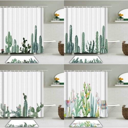 Fresh Cactus Plant Printing Shower Curtain Set with Hooks Waterproof Fabric Bathroom Curtains Non-slip Bath Mat Set Home Decor