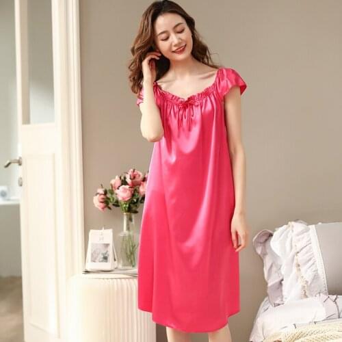 Female Silk Satin Nightgown Lady Sexy Short Sleeve Night Dress Women Nighties Long Sleepwear Nightwear Bridesmaid Dress