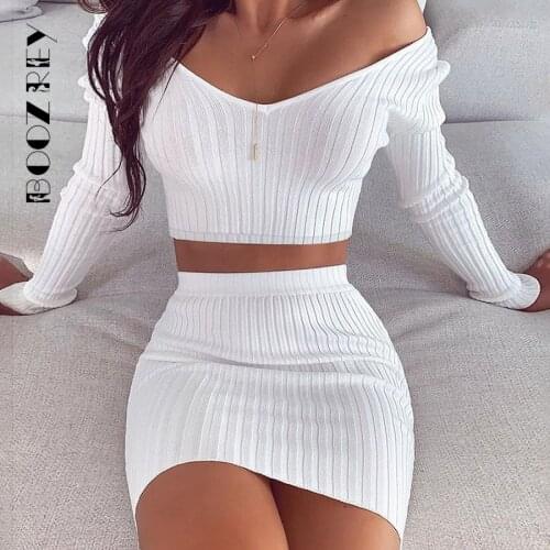 Ladies Summer Pure Color Knitted Sweater Thin Top Sexy V-neck Strapless Long Sleeve Pack Hip Skirt Fashion Two-piece Womens 2021
