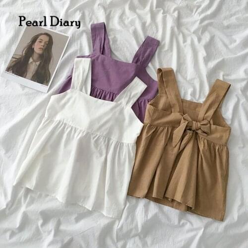 Pearl Diary Women Woven Strapy Tank Tops Solid Color Cotton Baby Doll Top Backless Bow Tied Japan Style Kawaii Sweet Tops