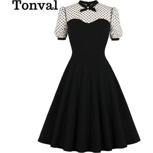 Tonval Dotted Mesh Elegant Party Wear Black Dresses for Women Slim Robe Femme A-Line Vintage Dress 2021 Fall